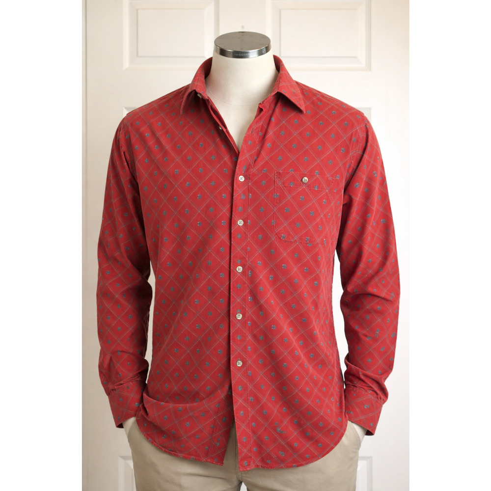 Christian Dior Button Down Shirt Red XL Geometric Vintage Designer Office Casual